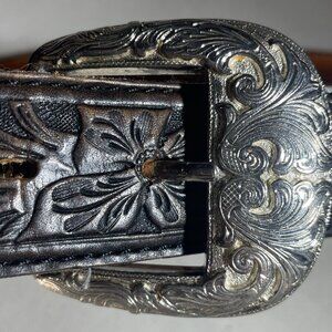 Tony Lama Western Belt – Size 38 – Tooled Leather, Beaded Inlay, Silver Buckle